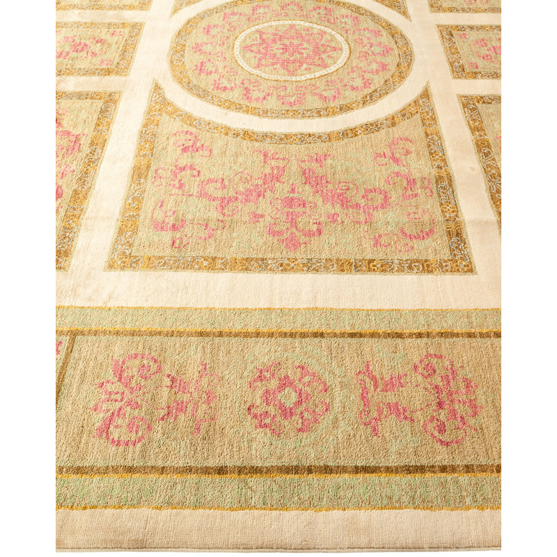 Hand-Knotted Ivory and Light Green Wool Floral Rug