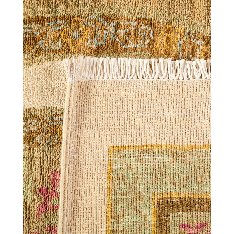 Hand-Knotted Ivory and Light Green Wool Floral Rug