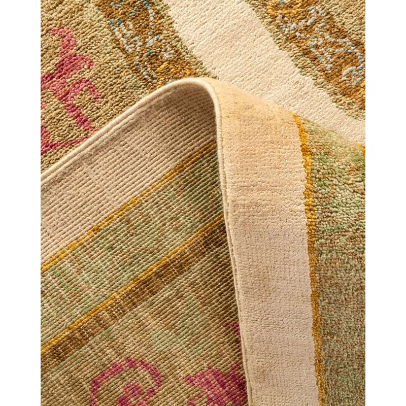 Hand-Knotted Ivory and Light Green Wool Floral Rug
