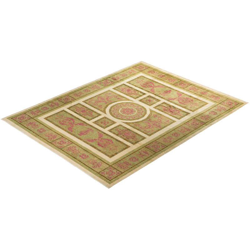 Hand-Knotted Ivory and Light Green Wool Floral Rug