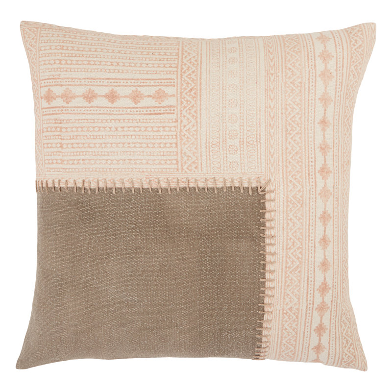 Light Pink and Beige Embroidered Cotton Square Throw Pillow