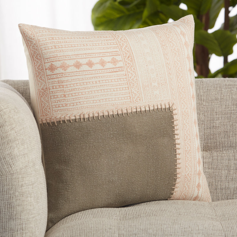 Light Pink and Beige Embroidered Cotton Square Throw Pillow