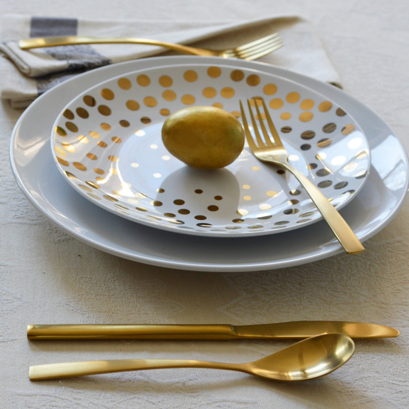 White and Gold Polka Dot Porcelain Salad Plates, Set of 4