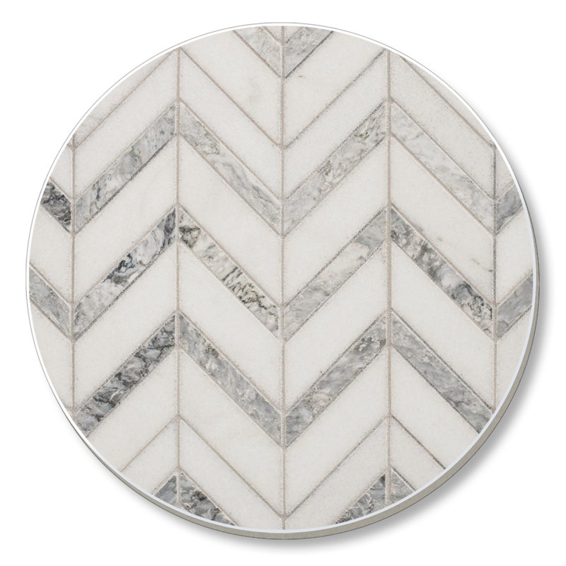Gray and White Chevron Ceramic Round Coaster Set