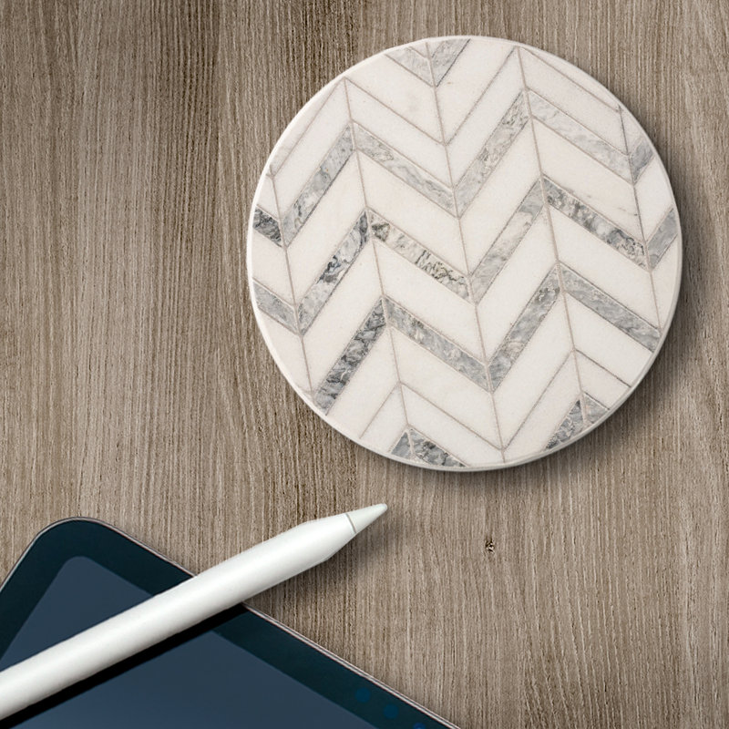 Gray and White Chevron Ceramic Round Coaster Set