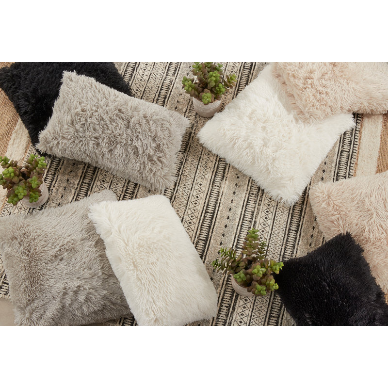 Ivory Faux Fur Rectangular Throw Pillow with Down Filling