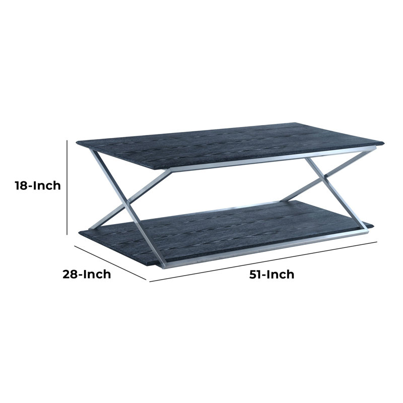 Modern Black Wood & Silver Metal Rectangular Coffee Table with Dual Shelves