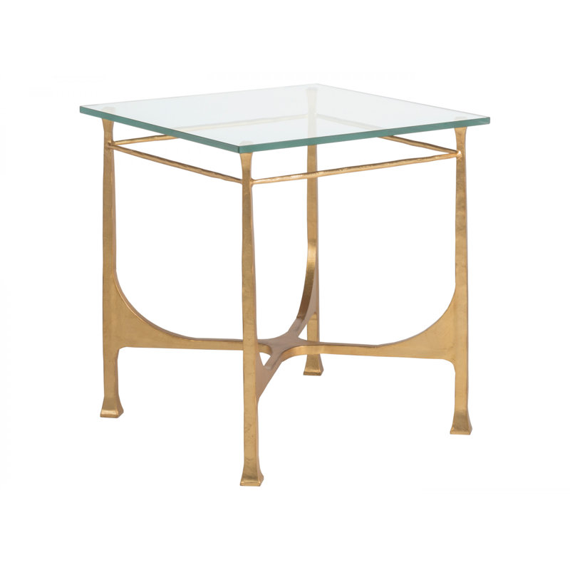 Elegant Gold Leaf Square Metal and Glass End Table
