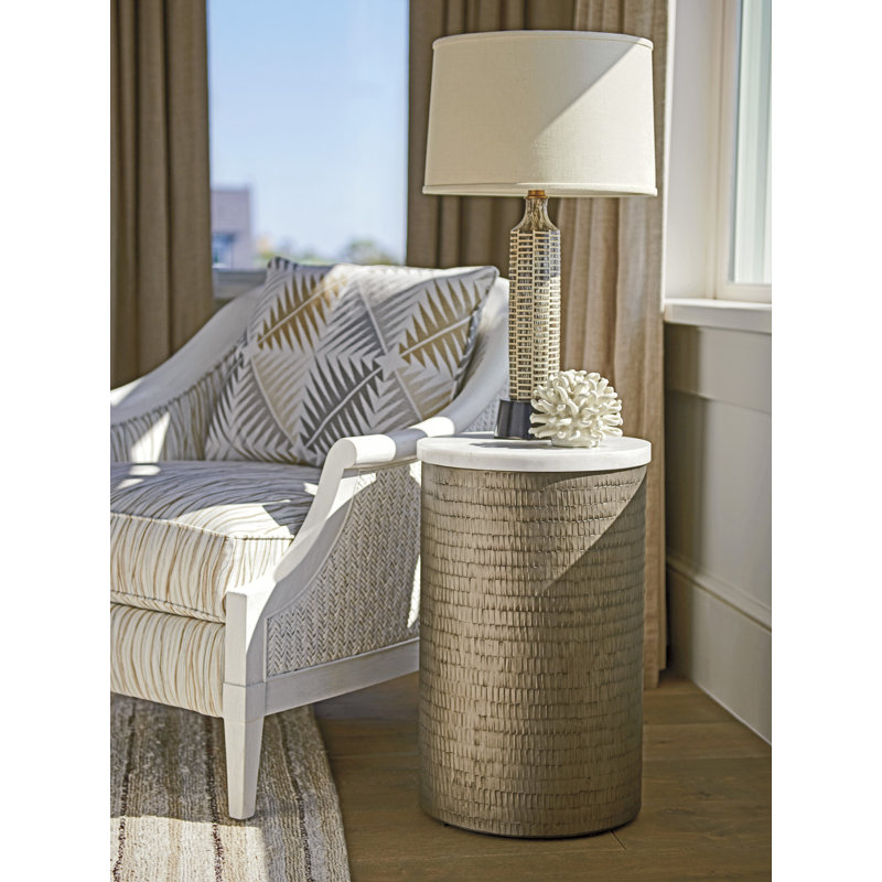 Transitional Turnberry 14" Round Stone-Top Chairside Table in Brown/White