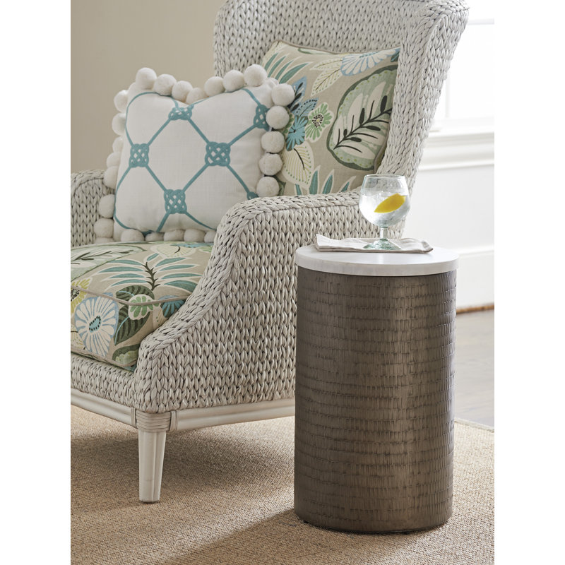 Transitional Turnberry 14" Round Stone-Top Chairside Table in Brown/White