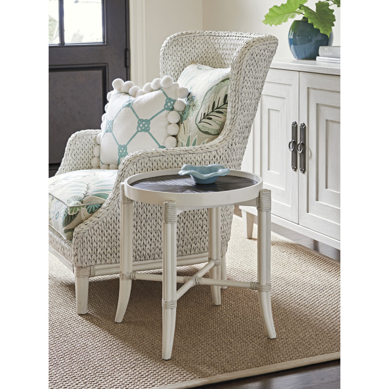 Transitional Neptune Round End Table in Shell White and Brown