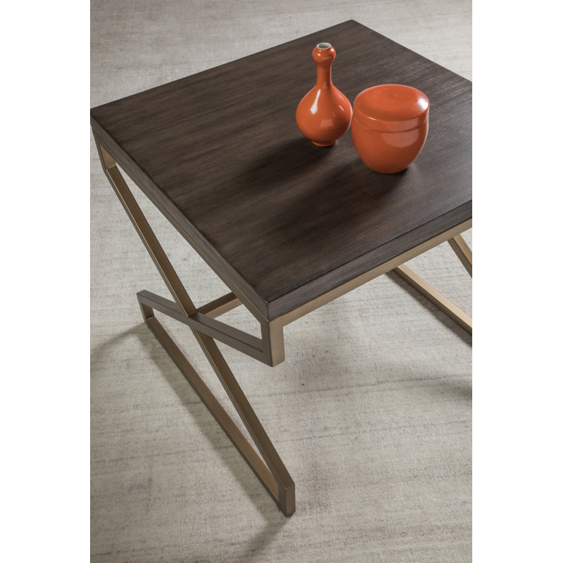 Transitional Mahogany Square End Table with Copper-Tone Metal Base