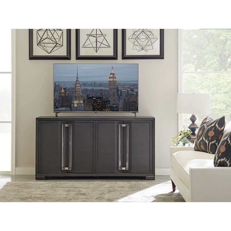 Gray Linen-Wrapped Media Console with Acrylic Hardware