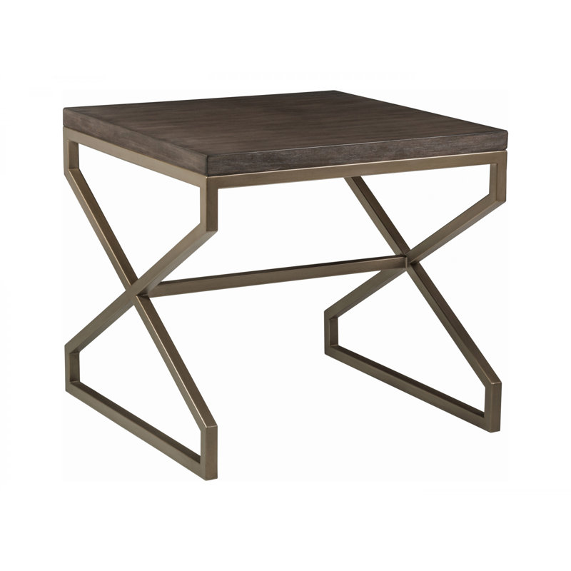 Transitional Mahogany Square End Table with Copper-Tone Metal Base