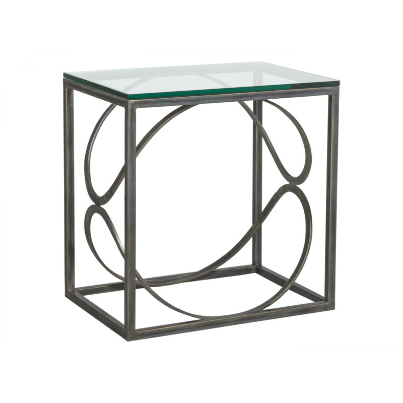 Black Metal and Glass Rectangular End Table with Ellipse Design