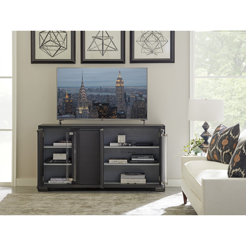 Gray Linen-Wrapped Media Console with Acrylic Hardware