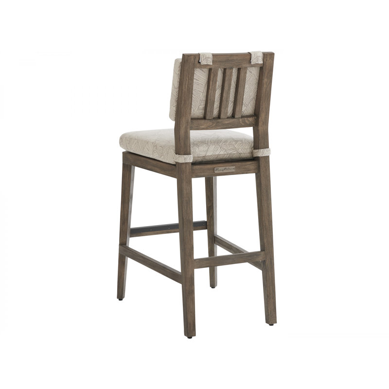 La Jolla Vintage Taupe-Gray Teak Outdoor Bar Stool with Upholstered Seating