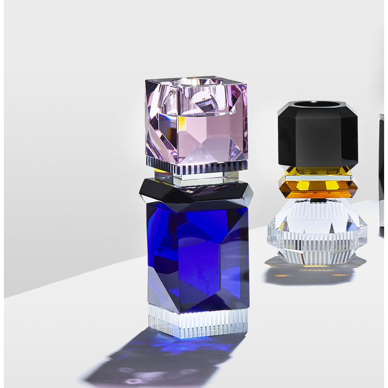 Ocean Drive Art Deco Crystal Tealight Holder in Cobalt and Rosé
