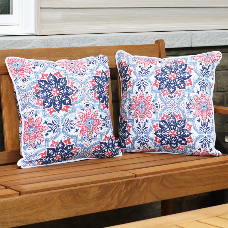 16" x 16" Blue and Red Floral Polyester Square Outdoor Throw Pillows, Set of 2