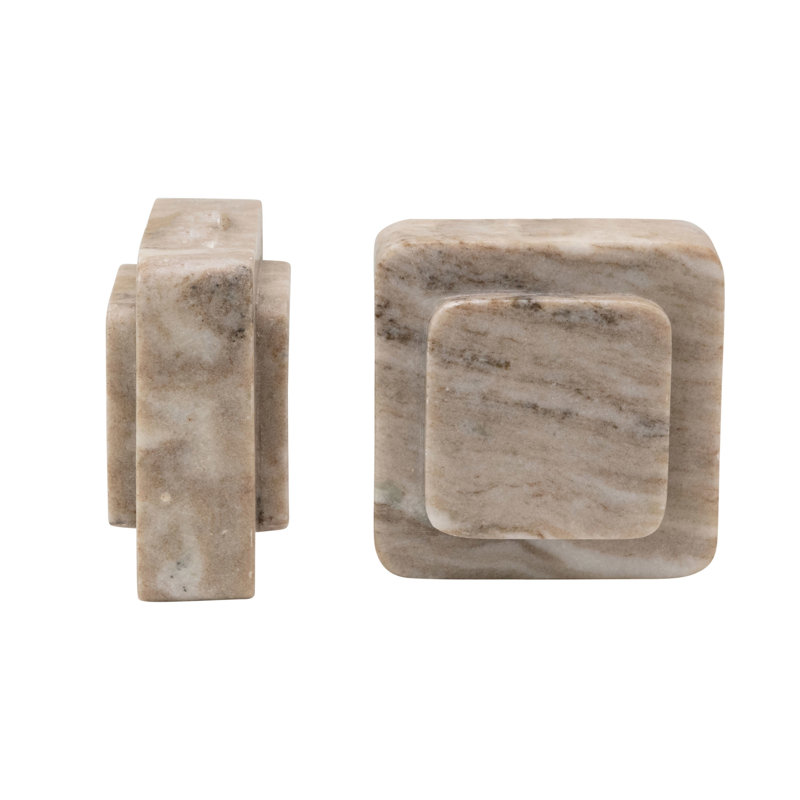 Beige Marble Square Bookends with Natural Finish, Set of 2