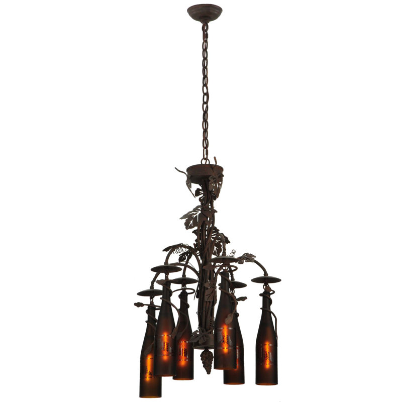 Tuscan Vineyard Elegance 6-Light Wine Bottle Chandelier with Grape Leaf Accents