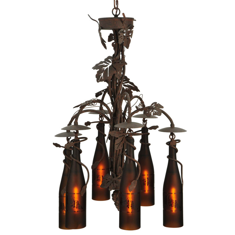 Tuscan Vineyard Elegance 6-Light Wine Bottle Chandelier with Grape Leaf Accents