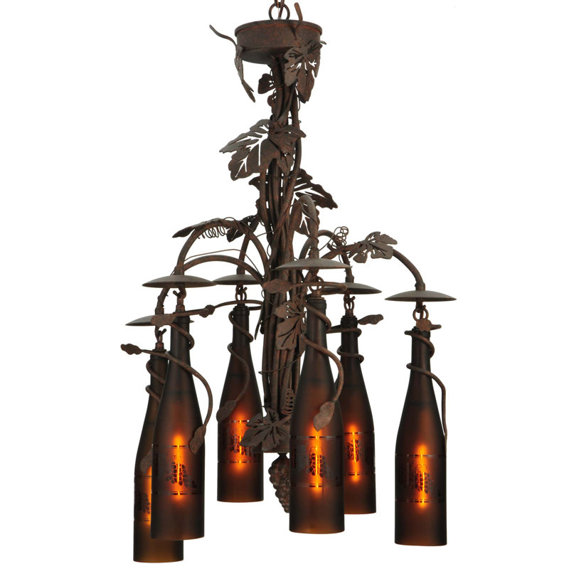 Tuscan Vineyard Elegance 6-Light Wine Bottle Chandelier with Grape Leaf Accents
