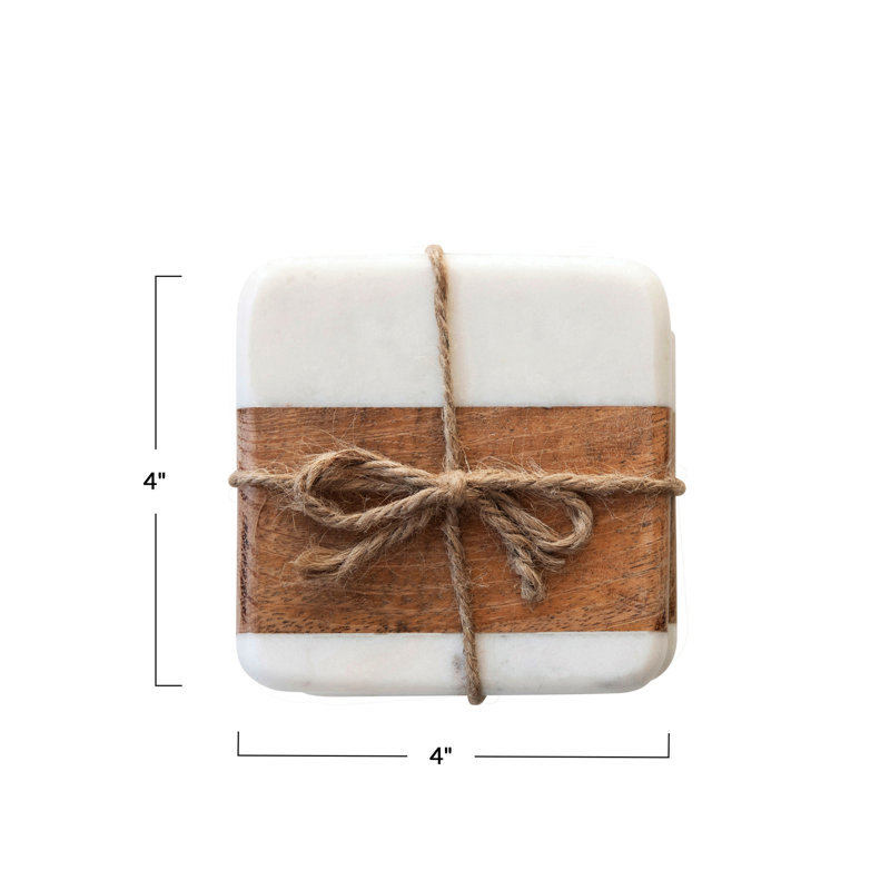 White and Natural Marble Acacia Wood Coasters, Set of 4