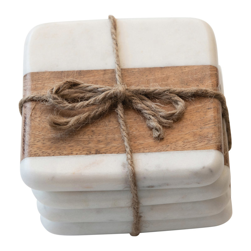 White and Natural Marble Acacia Wood Coasters, Set of 4