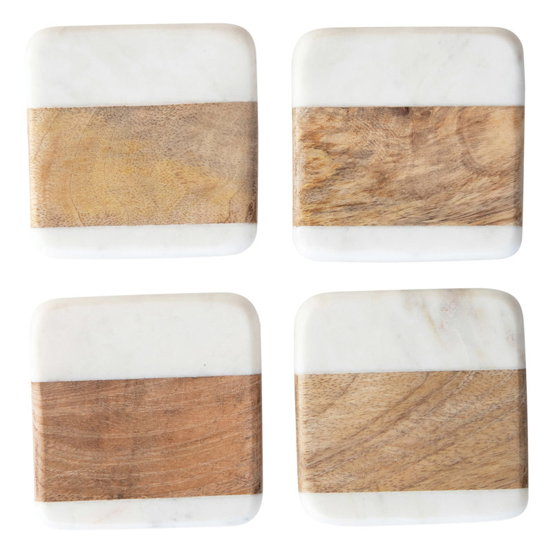 White and Natural Marble Acacia Wood Coasters, Set of 4