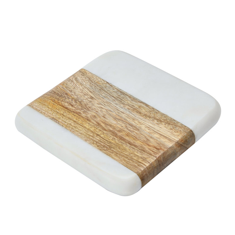 White and Natural Marble Acacia Wood Coasters, Set of 4