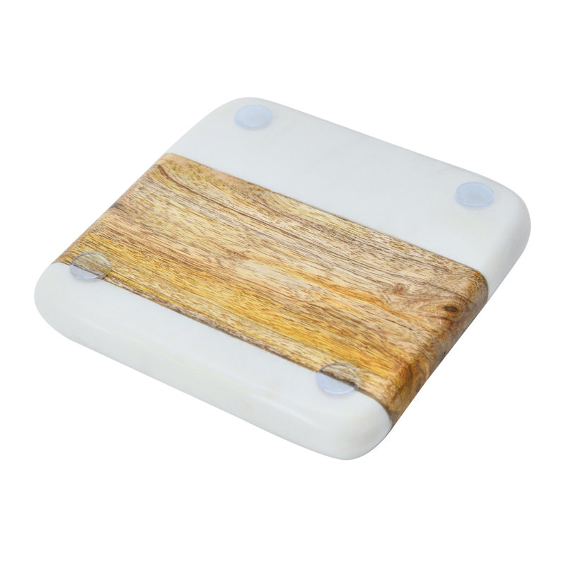 White and Natural Marble Acacia Wood Coasters, Set of 4