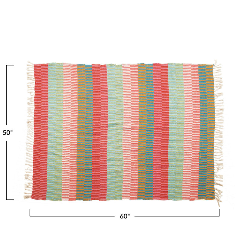Multicolor Reclaimed Cotton Blend Striped Throw Blanket with Fringe