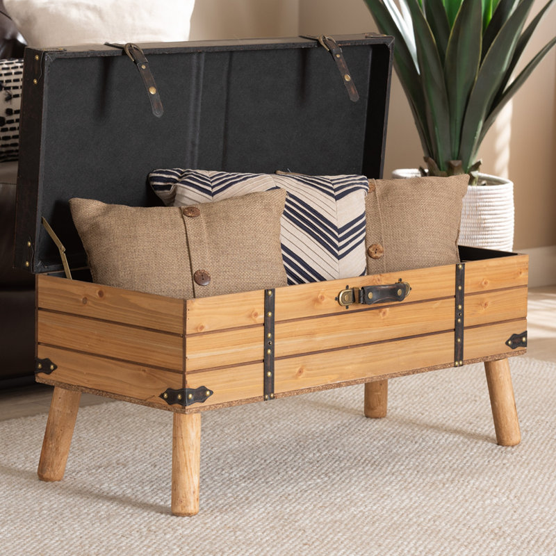 Amena Rustic Dark Brown PU Leather & Oak Large Storage Ottoman