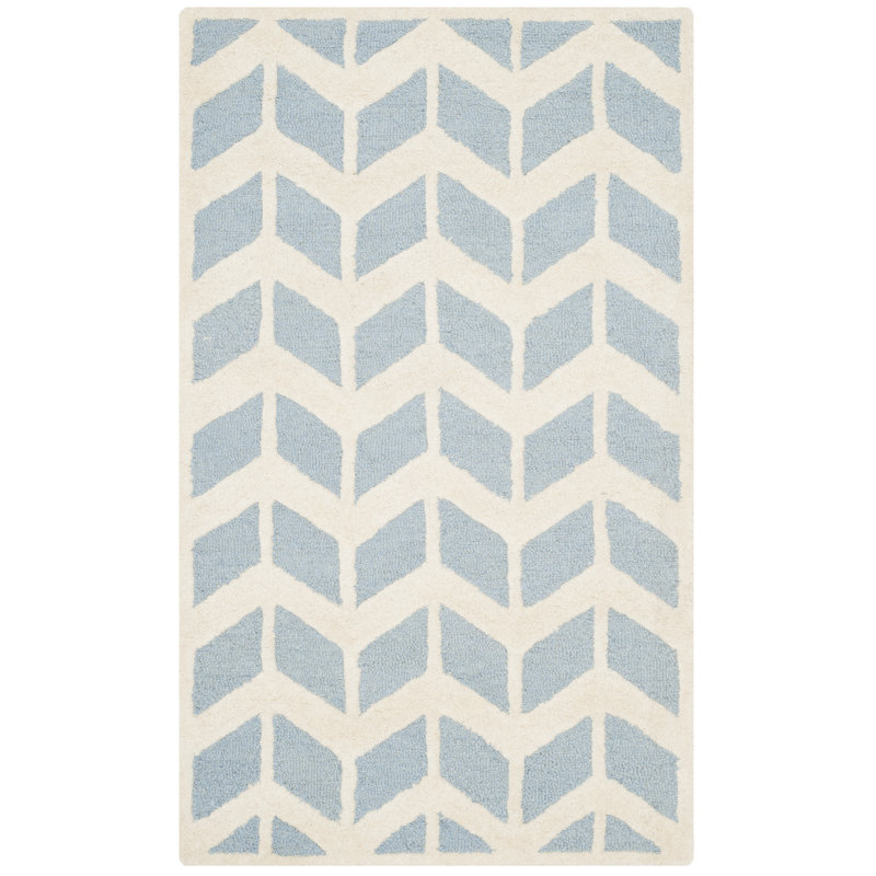 Elegant Blue Ivory Hand-Tufted Wool Rectangular Rug 3' x 5'