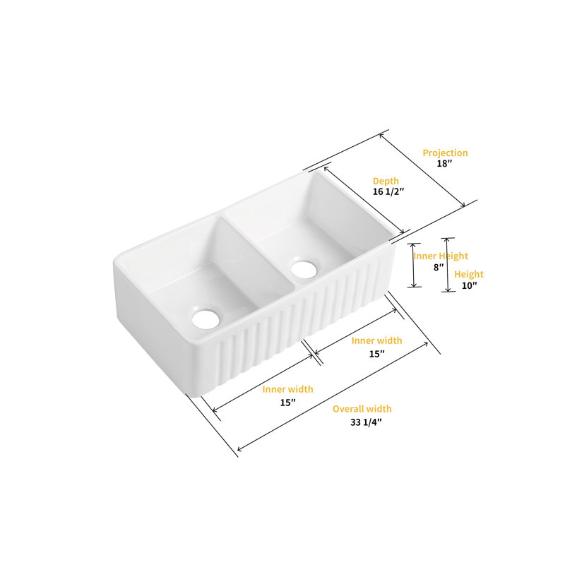 Cremona 33'' White Fireclay Double Bowl Farmhouse Sink