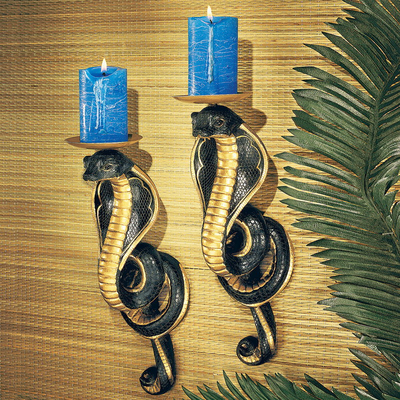 Antiqued Gold Renenutet Cobra Goddess Resin Wall Sconces, Set of Two