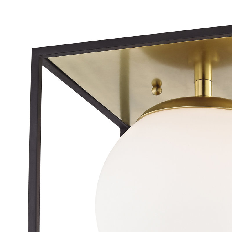 Aged Brass and Black Glass Globe Flush Mount Light