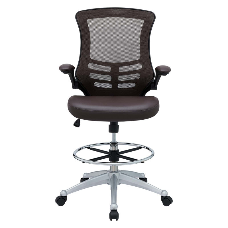 Elevated Brown Vinyl & Mesh Drafting Chair with Adjustable Arms and Swivel