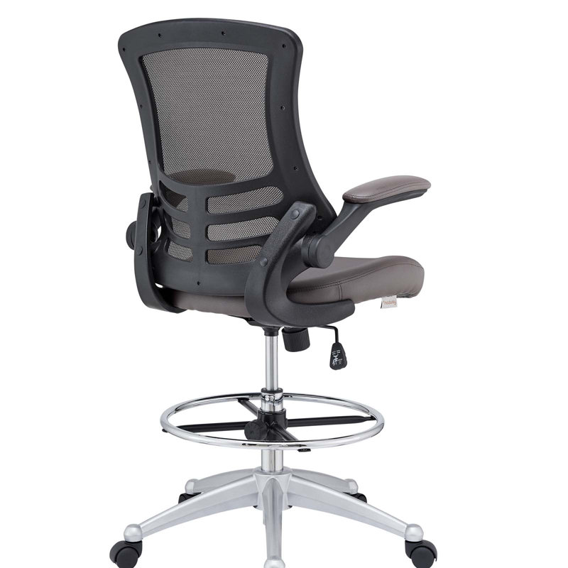 Elevated Brown Vinyl & Mesh Drafting Chair with Adjustable Arms and Swivel