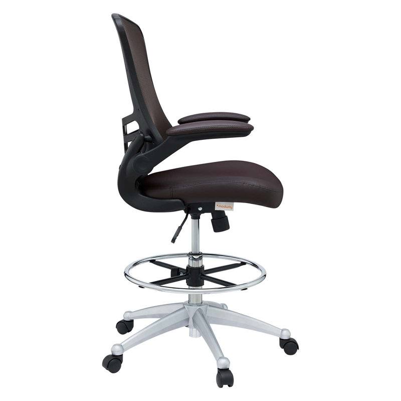Elevated Brown Vinyl & Mesh Drafting Chair with Adjustable Arms and Swivel
