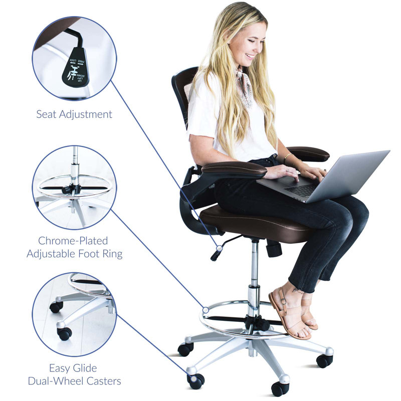 Elevated Brown Vinyl & Mesh Drafting Chair with Adjustable Arms and Swivel
