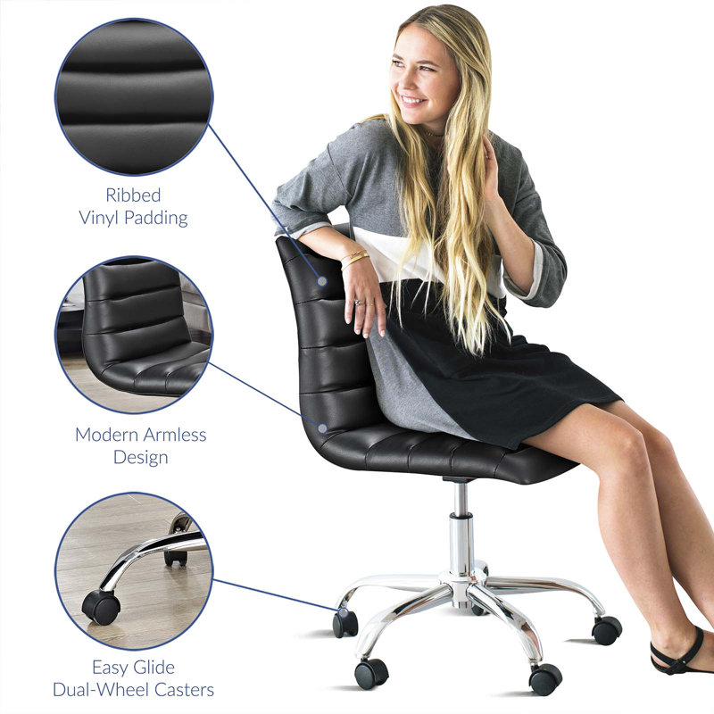 Polished Chrome Swivel Armless Office Chair in Black Vinyl