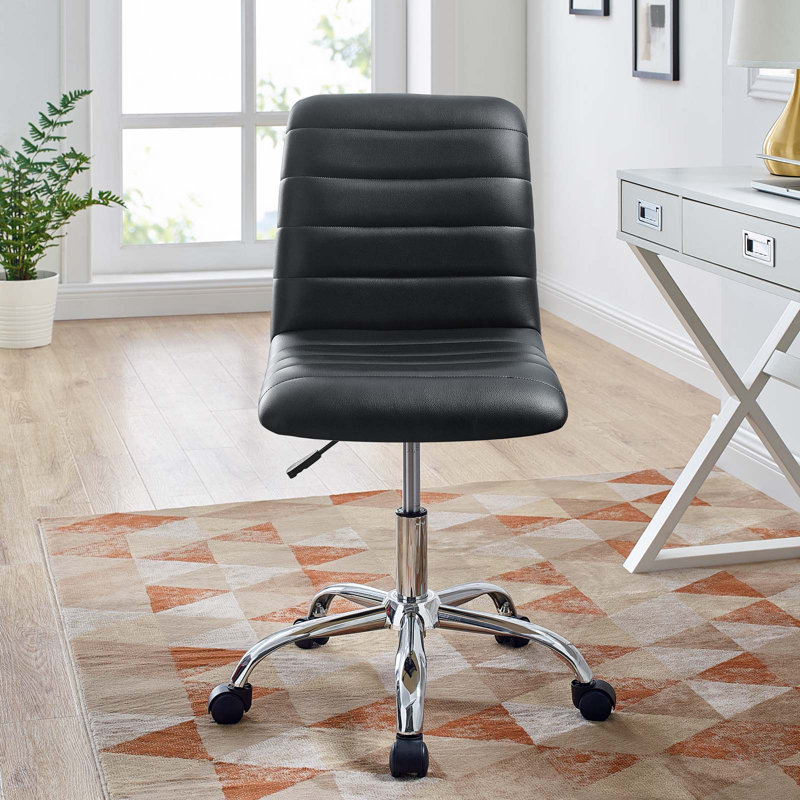 Polished Chrome Swivel Armless Office Chair in Black Vinyl