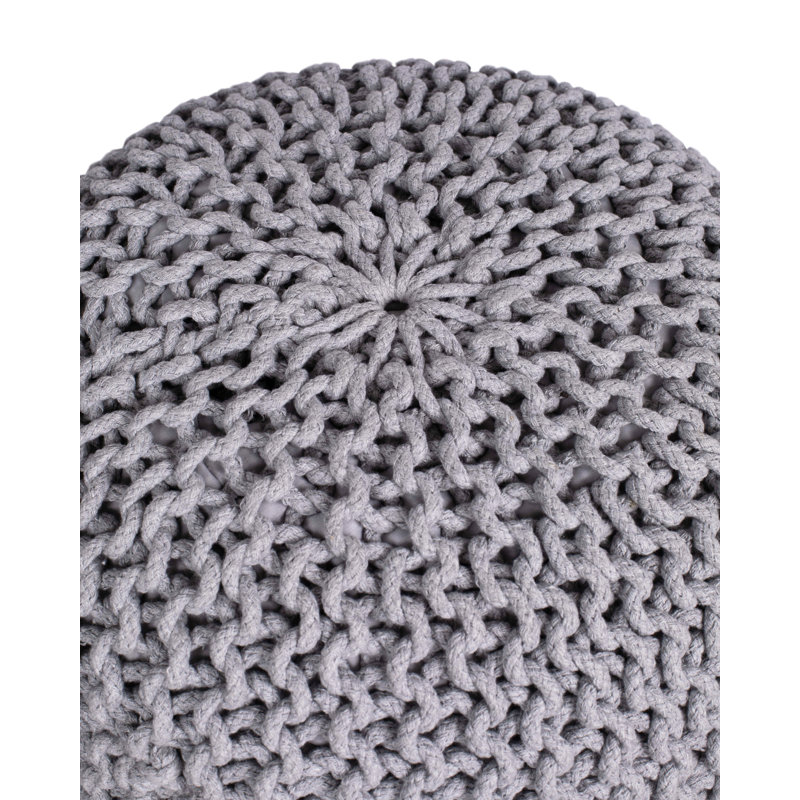 Moroccan Inspired Light Grey Knitted Round Pouf Ottoman