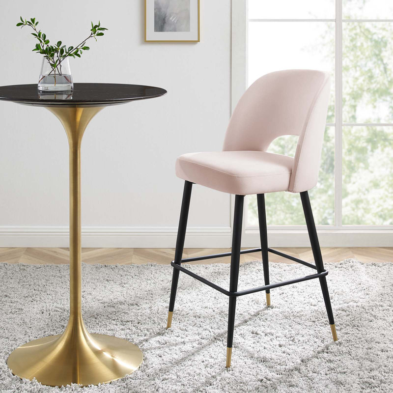 Mid-Century Glam Pink Velvet Counter Stool with Black Metal Legs