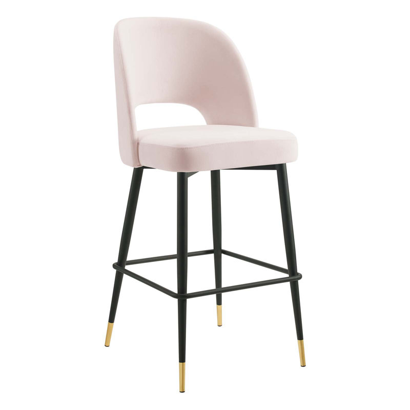 Mid-Century Glam Pink Velvet Counter Stool with Black Metal Legs