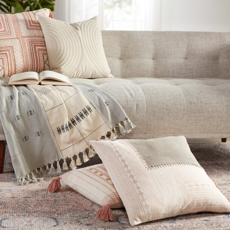 Light Pink and Beige Embroidered Cotton Square Throw Pillow