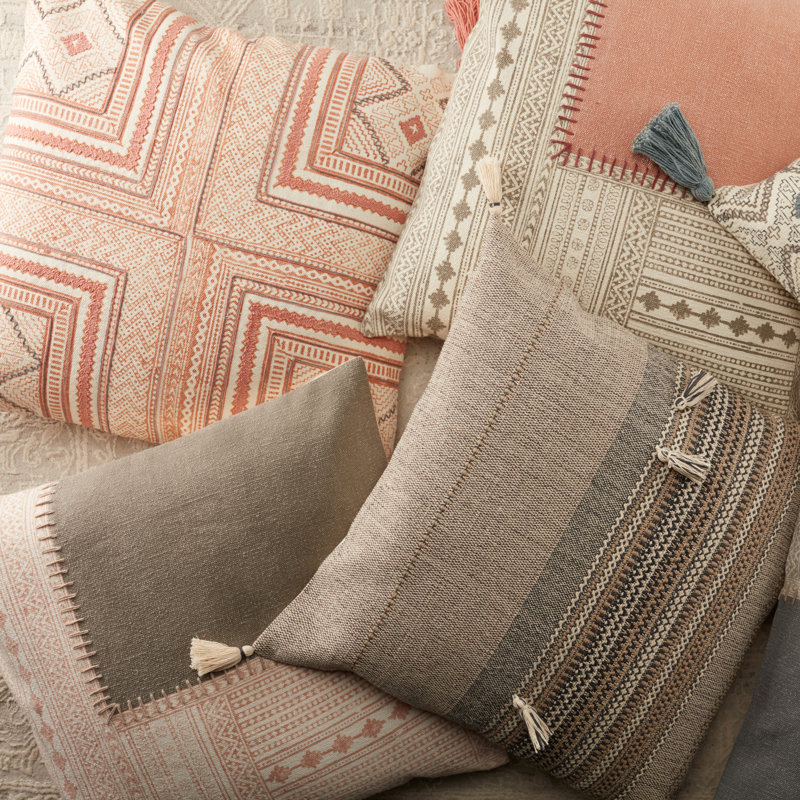 Light Pink and Beige Embroidered Cotton Square Throw Pillow