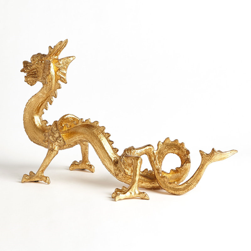 Golden Cast Iron Dragon Sculpture with Leaf Finish